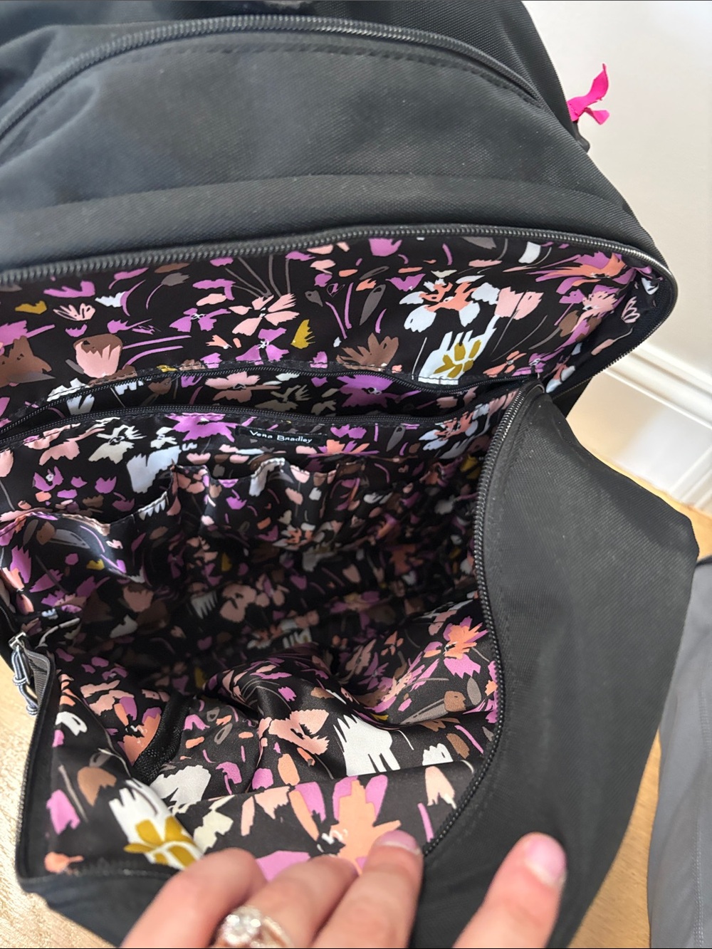 Vera Bradley Black Wheeled Backpack with Floral Interior - Picture 6 of 14
